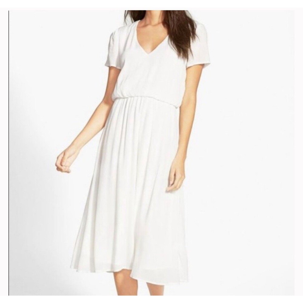 Wayf Women’s Short Sleeve Blouson Midi Dress in White Size L NWT